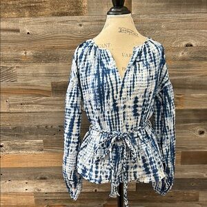 NWOT ModernSoul by Sur La Vague Tie Dye Peplum Braided Tie Long sleeve Top Small